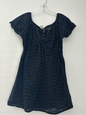 LA BLANCA Dress V-Neck Short Sleeve Eyelet Beach Swim Cover Up Black Medium